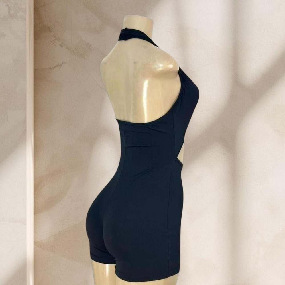 Black Cutout Romper – Halter Deep V Neck Backless Bodycon Sexy One Piece ✧ M - Picture 3 of 4